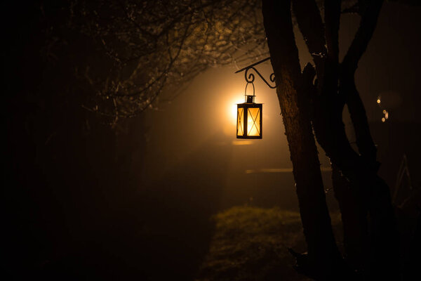 Beautiful colorful illuminated lamp in the garden in misty night. Retro style lantern at night outdoor. Selective focus