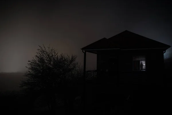 Vecchia Casa Con Fantasma Nella Foresta Notte Abandoned Haunted Horror — Foto Stock