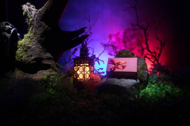 Sevgililer günü aşk kavramı. Gece güzel sanat dekorasyon küçük giftbox ve eski vintage fener ile. Giftbox gece taşlarla süslü sahte ormandaki. Boş alan seçici odak