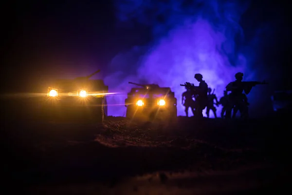 Concept Van Oorlog Battle Scène Oorlog Mist Hemelachtergrond Fighting Silhouettes — Stockfoto