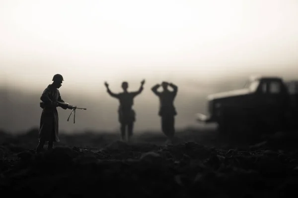 Battle Scène Militaire Silhouettes Vechten Scène Oorlog Mist Hemelachtergrond Een — Stockfoto