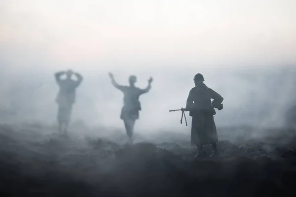 Bojové Scény Vojenské Siluety Bojové Scény Pozadí Oblohy Mlha Války — Stock fotografie