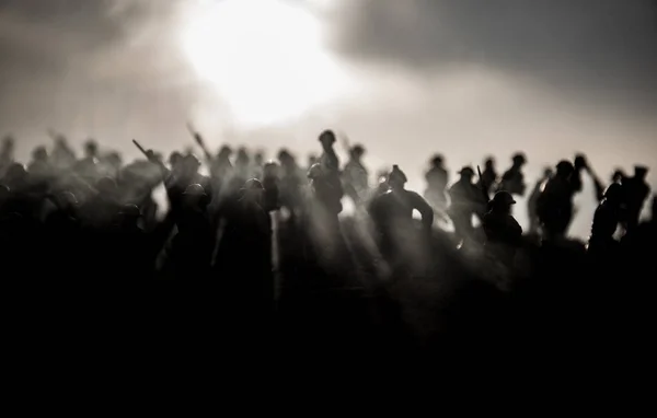 Battle Scene Military Silhouettes Fighting Scene War Fog Sky Background — Stock Photo, Image