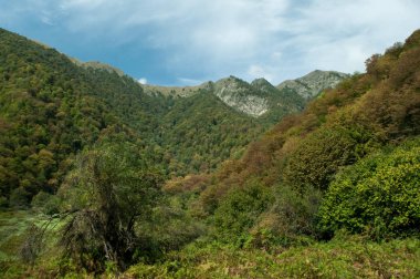 Güneşin doğuşuyla dağların güzel manzarası. Gün batımında dağlar. Azerbaycan Kafkasya Dağları