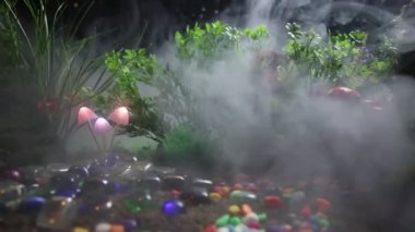 Gizem karanlık ormanın yakın çekim parlayan mantar. Güzel makro çekim sihirli mantar veya üç ruhları avatar ormanda kaybettim. Peri ışıkları sis zemin üzerine. Seçici odak