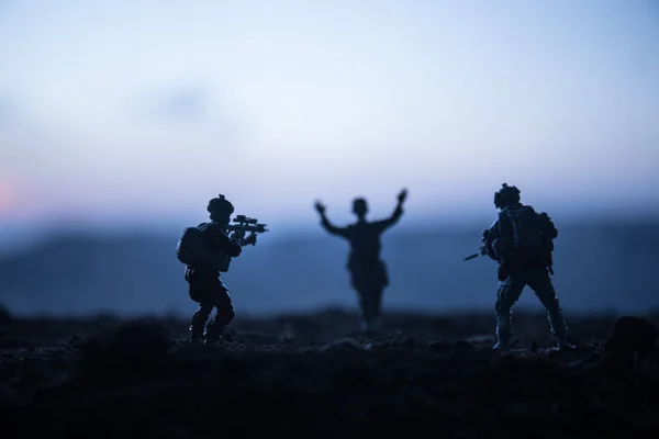 Battle Scene Military Silhouettes Fighting Scene War Fog Sky Background — Stock Photo, Image