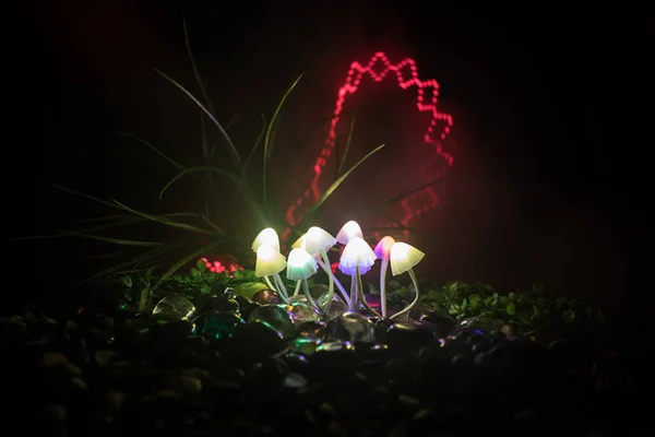 Fantasy glowing mushrooms in mystery dark forest close-up. Beautiful macro shot of magic mushroom or souls lost in avatar forest. Fairy lights on background with fog. Selective focus