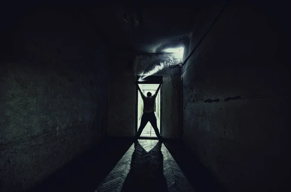 暗い廃屋で不気味なシルエット マニアックなコンセプトやキャビネットの扉に暗い廊下やドアに立っている不気味なホラー人のシルエットが付いているライトについての恐怖 — ストック写真
