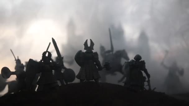 Scène Bataille Médiévale Avec Cavalerie Infanterie Silhouettes Figures Comme Objets — Video