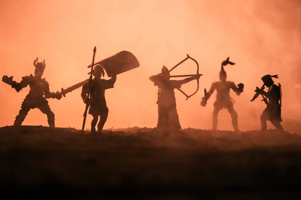 Cena Batalha Medieval Com Cavalaria Infantaria Silhuetas Figuras Como Objetos — Fotografia de Stock