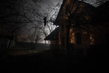 Geceleri ormanda bir hayaletin olduğu eski bir ev ya da sis içinde terk edilmiş bir korku evi. Ölü ağaç ormanındaki eski mistik bina. Geceleri aylı ağaçlar. Gerçeküstü ışıklar. Korku Cadılar Bayramı konsepti