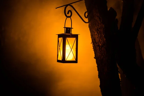 Vackra Färgglada Upplyst Lampa Trädgården Dimmiga Natten Retro Stil Lykta — Stockfoto