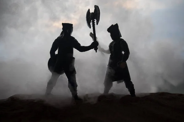 Escena Batalla Medieval Decoración Obras Arte Con Juguetes Siluetas Figuras —  Fotos de Stock