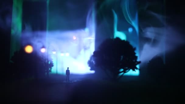 夜风景 城市在夜间浓雾 神秘的景观超现实的灯光与恐怖的人 夜间行走的男子的剪影在人造光雾 美丽的混合照明从背面 — 图库视频影像