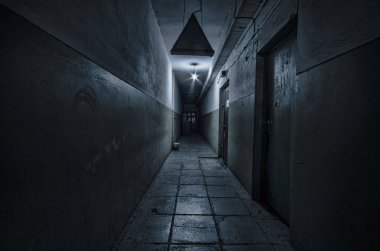 Karanlık koridor. Karanlık, boş bir koridorun mistik iç mekanı, terk edilmiş bir evde tünel. Karanlık, gizemli bir koridor. Terk edilmiş bir evin içi, cehenneme giden yol. Terk edilmiş eski bir bina.