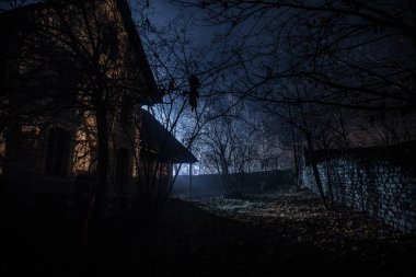 Geceleri ormanda bir hayaletin olduğu eski bir ev ya da sis içinde terk edilmiş bir korku evi. Ölü ağaç ormanındaki eski mistik bina. Geceleri aylı ağaçlar. Gerçeküstü ışıklar. Korku Cadılar Bayramı konsepti