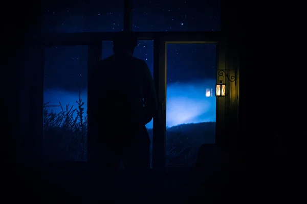 Silhouette Man Looking Dreamlike Galaxy Window Fantasy Picture Old Vintage — Stock Photo, Image