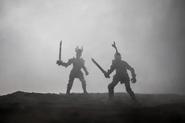 Cena Batalha Medieval Com Cavalaria Infantaria Silhuetas Figuras Como Objetos — Fotografia de Stock