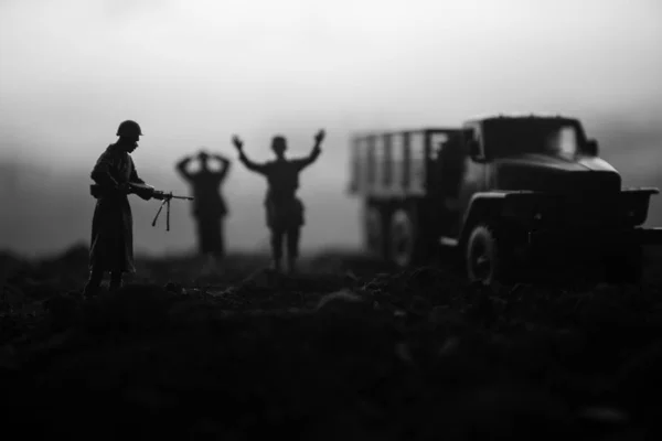 Bojové Scény Vojenské Siluety Bojové Scény Pozadí Oblohy Mlha Války — Stock fotografie