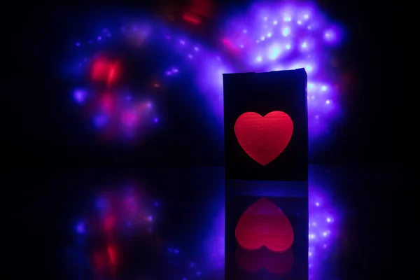 Dark Table Valentines Day Concept Love Red Shape Heart Bokeh — стоковое фото