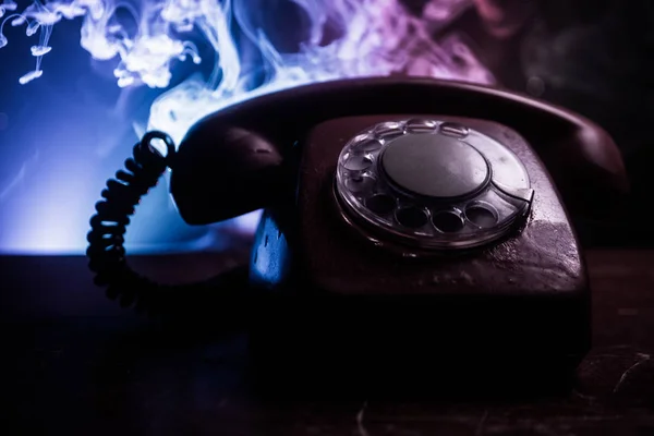 Viejo Teléfono Negro Sobre Tabla Madera Vieja Con Arte Fondo —  Fotos de Stock