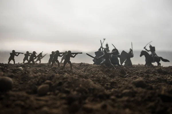 Kampfszene Militärische Silhouetten Kampfszene Auf Krieg Nebel Himmel Hintergrund Kreatives — Stockfoto