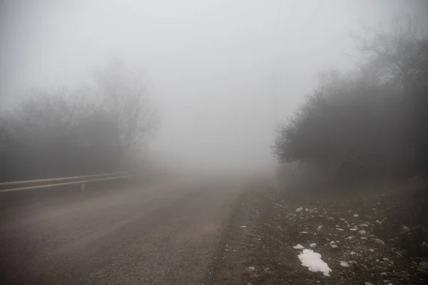 Paisaje Con Hermosa Niebla Bosque Colina Sendero Través Misterioso Bosque — Foto de Stock