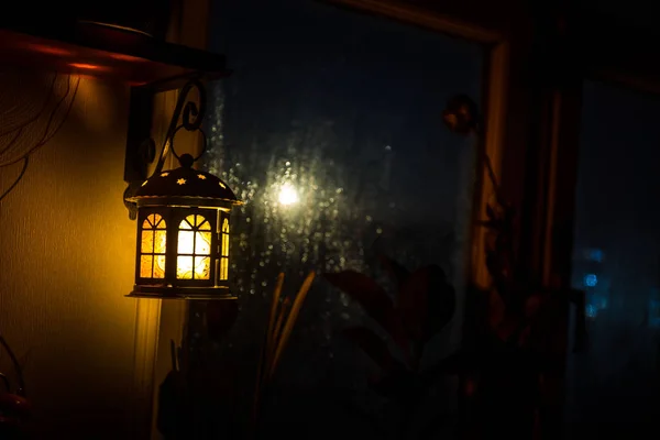 Night Scene Moon Seen Window Dark Room Night Sky Dark — Stock Photo, Image