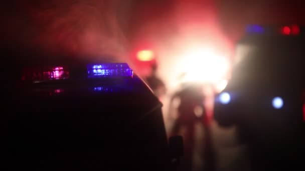Policisté s policejních aut v noci s pozadím mlha. 