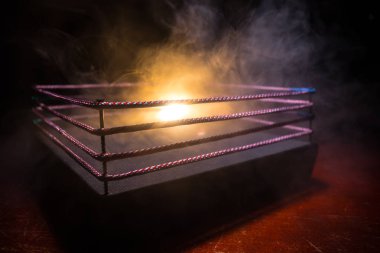 Boş Boks ringi ile kırmızı ipleri Stadyumu Arena maç için. Yaratıcı sanat çalışmaları dekorasyon. Sisli arka plan ışığı ile. Seçici odak