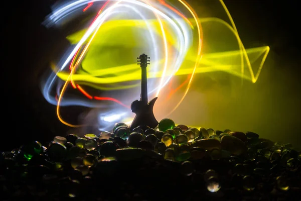 Music Concept Acoustic Guitar Dark Background Beam Light Smoke Emptry — Stock Photo, Image