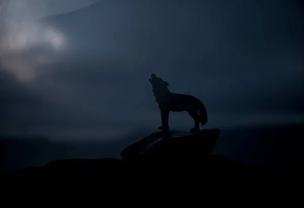 Silhueta Lobo Uivante Contra Fundo Enevoado Escuro Conceito Horror Halloween — Fotografia de Stock