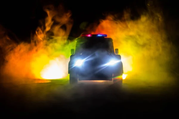 Police Cars Night Police Car Chasing Car Night Fog Background — Stock Photo, Image