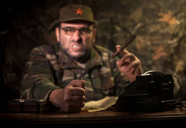 Evil Dictator Sitting Table Angry Communist General Sitting Headquarter Cuban — Stock Photo, Image