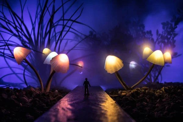 Walking through fantasy giant glowing mushroom forest. Silhouette of a man standing in the middle of the road on a misty night with giant fantasy glowing mushrooms on both sides of road.