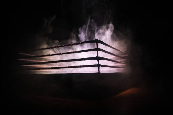 Empty boxing ring with red ropes for match in the stadium arena. Creative artwork decoration. Foggy background with light. Selective focus