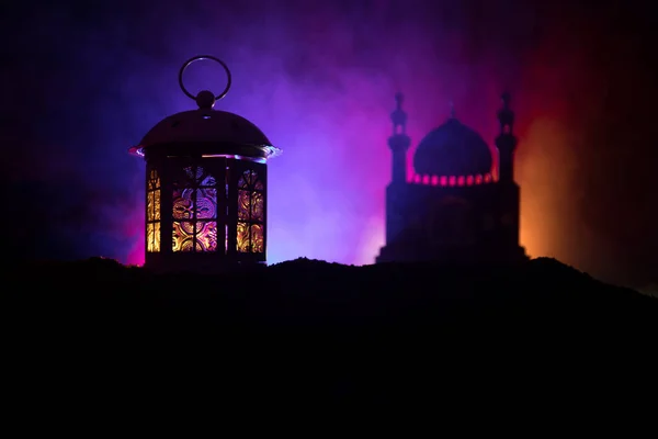 Ornamental Arabic Lantern Burning Candle Glowing Night Dark Toned Foggy — Stock Photo, Image