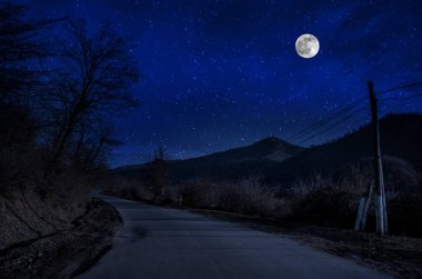 Dolunay gecesi ormanın içinden mountain road. Büyük ay ile gece ülke yol Manzara gece manzara. Uzun deklanşör fotoğrafı