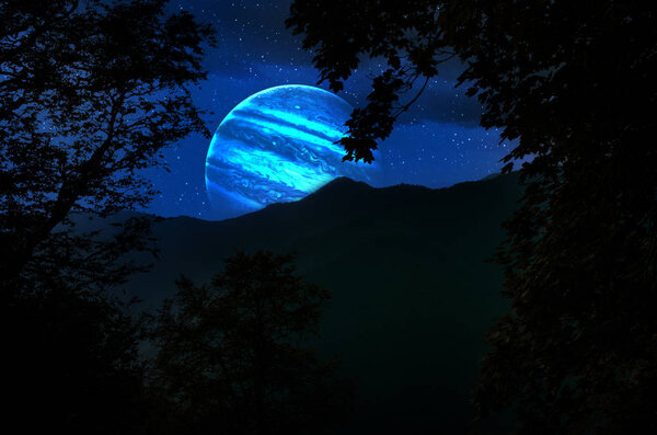 Fantasy surreal concept. Scenic night landscape of country road at night with giant planet at night sky.