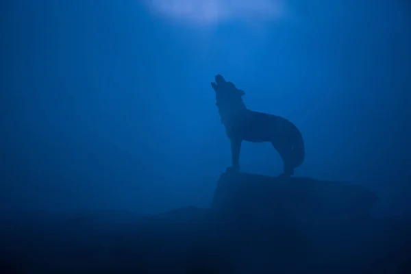 Silhueta Lobo Uivante Contra Fundo Enevoado Escuro Conceito Horror Halloween — Fotografia de Stock