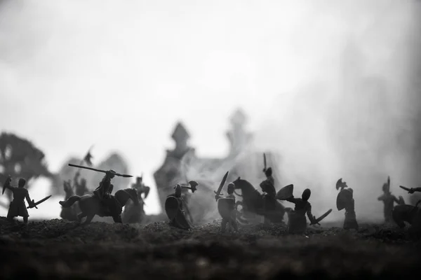 Scène Bataille Médiévale Avec Cavalerie Infanterie Silhouettes Figures Comme Objets — Photo