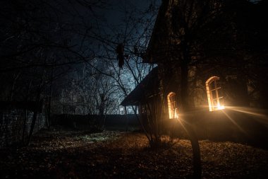 Geceleri ormanda bir hayaletin olduğu eski bir ev ya da sis içinde terk edilmiş bir korku evi. Ölü ağaç ormanındaki eski mistik bina. Geceleri aylı ağaçlar. Gerçeküstü ışıklar. Korku Cadılar Bayramı konsepti