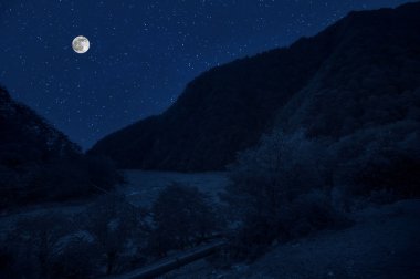 Dağ yolu ormandaki bir dolunay gecesi. Ülke yolun gece büyük moon ile doğal gece manzarası