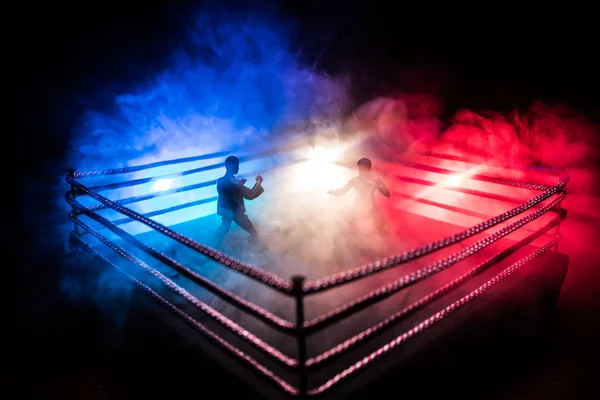 赤いロープでボクシングのリングでのシーンをかけて戦う空手道選手 文字空手 ポージング フィギュア アートワークの装飾 スポーツ コンセプト 光と霧の背景を装飾されています 選択と集中 — ストック写真