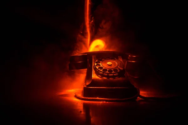 Old Black Telephone Old Wood Plank Art Dark Background Fog — Stock Photo, Image