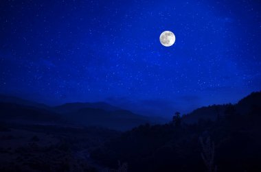 Dağ yolu ormandaki bir dolunay gecesi. Ülke yolun gece büyük moon ile doğal gece manzarası