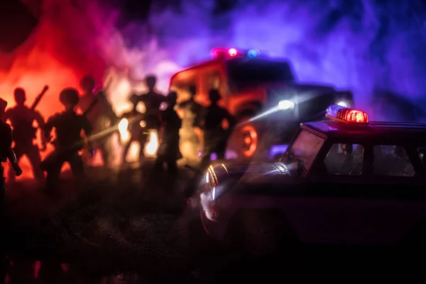 Police Cars Night Police Car Chasing Car Night Fog Background — Stock Photo, Image