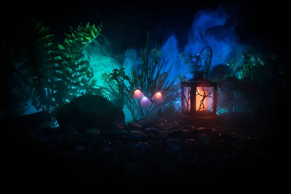 Fantasy Świecące Grzyby Tajemnicy Ciemnego Lasu Zbliżenie Piękny Makro Pchnięciu — Zdjęcie stockowe