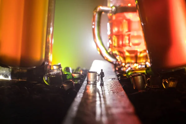 Abstract Alcoholism Concept Silhouette Man Standing Middle Road Misty Night — Stock Photo, Image