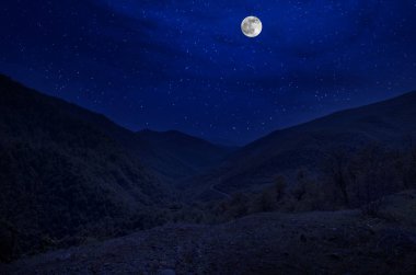 Dağ yolu ormandaki bir dolunay gecesi. Ülke yolun gece büyük moon ile doğal gece manzarası